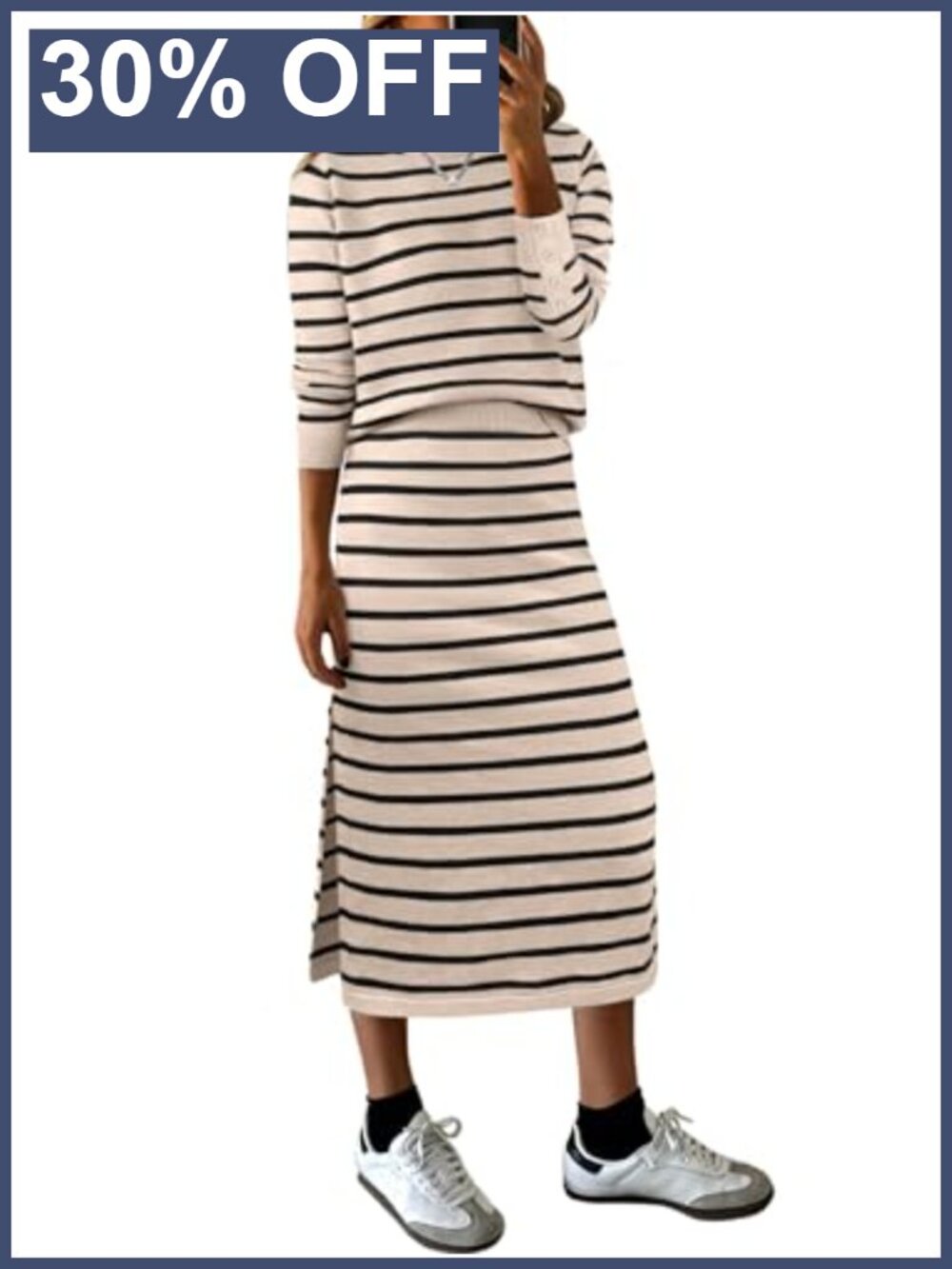 Women 2 Piece Striped Knit Sweater Top & Midi Skirt Set Casual Lounge Travel